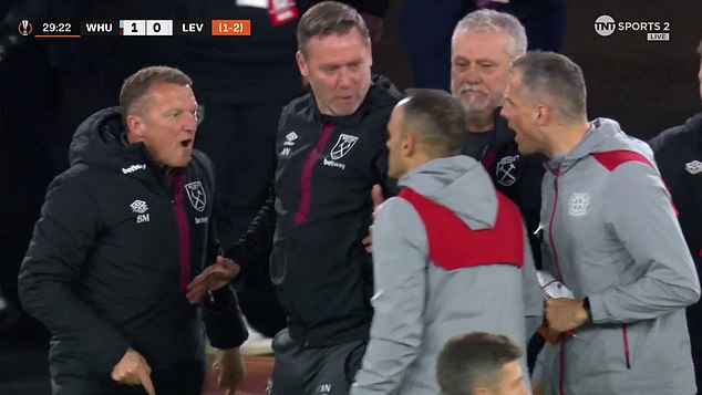 Billy McKinlay (left) was sent off after a furious confrontation with the Bayer Leverkusen coaching staff.