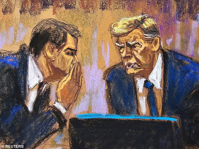 A sketch of Trump listening to his lawyer Todd Blanche during jury selection on April 18.