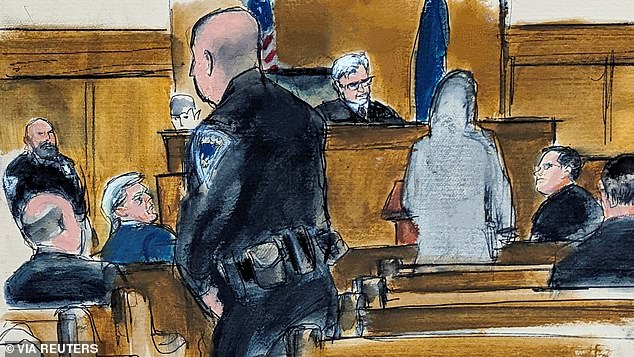 A courtroom sketch from the third day of jury selection.  Before the 12 jurors were seated, two were dismissed, including one who expressed concern about being identified.