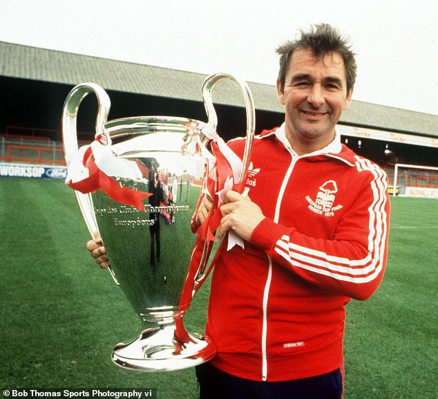 Legendary Nottingham Forest manager Brian Clough poses with the 1980 European Cup.
