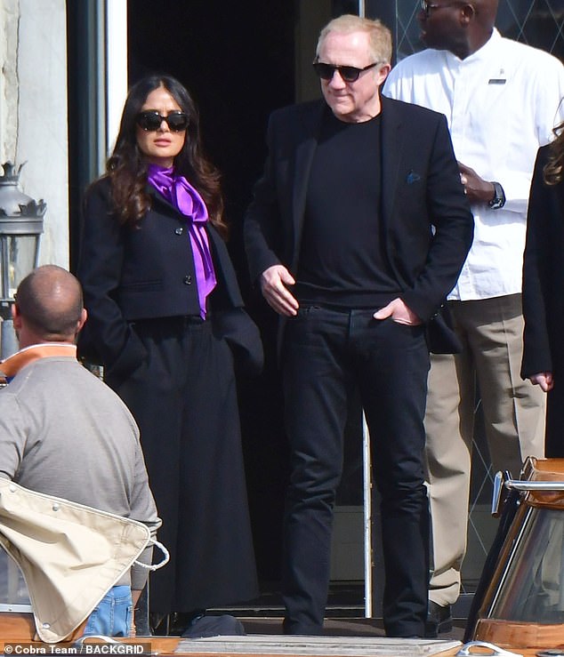 Salma's husband, whom she married in 2009, was also spotted during the daytime outing.  The Kering CEO wore black pants, as well as a plain black shirt and blazer.