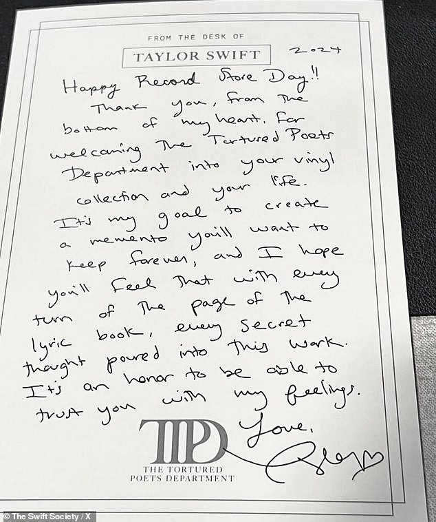 In a handwritten note distributed to various record stores across the country, Swift thanked the stores 