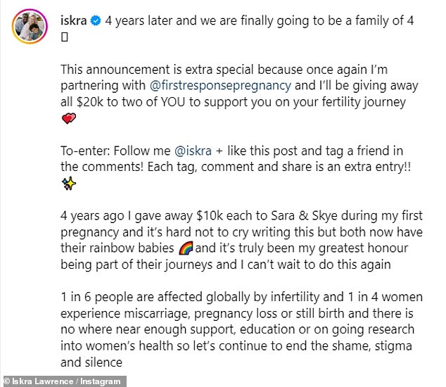 She then went on to say that she would be giving away $20,000 to two of her followers to support them on their fertility journey, after giving away $10,000 during her first pregnancy.