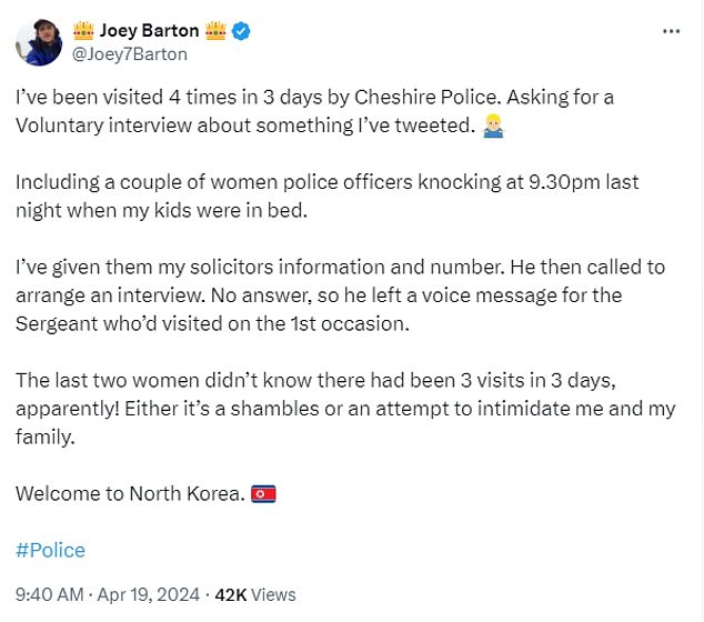 1713521063 871 Joey Barton says hes been visited by police four times