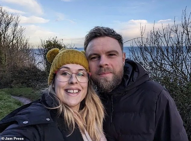 Ms Wright, pictured with her fiancé Lewis, 35, had previously undergone surgery to remove polyps (tissue growth) from her bowel and thought her symptoms 