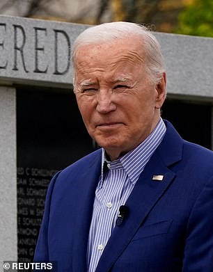Biden (pictured at a war memorial in Pennsylvania on Wednesday) suggested twice on Wednesday that Finnegan had met a gruesome end at the hands of savage carnivores.