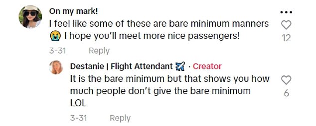 Hundreds of people took to the comments to reflect on Destanie's opinions, including some of her fellow flight attendants.