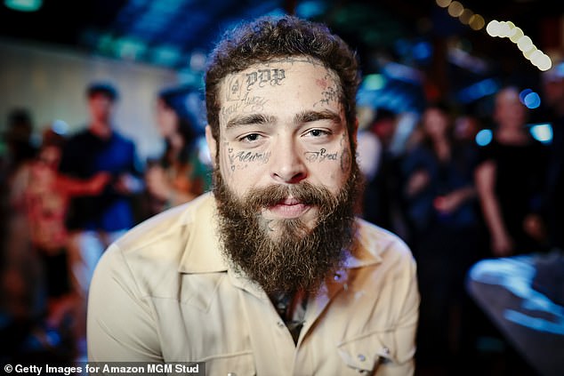 Post Malone's different facial tattoos, seen in a photo from March 8