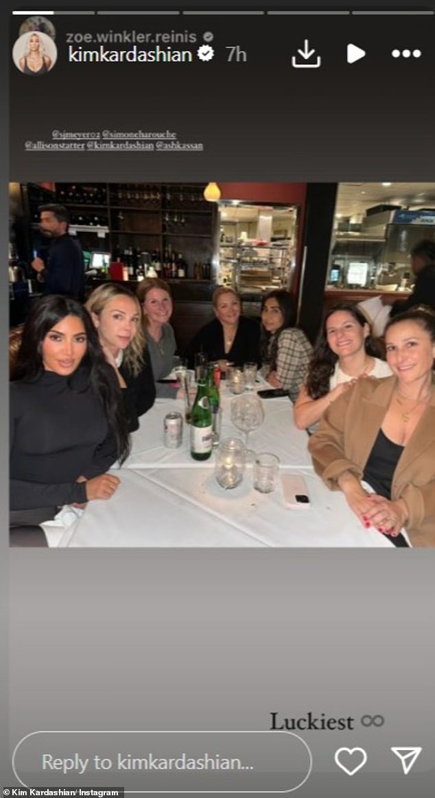 In one, she reposted a photo of herself enjoying a drink at a restaurant and sitting around a table with six of her friends alongside a caption with an infinity symbol that read: 