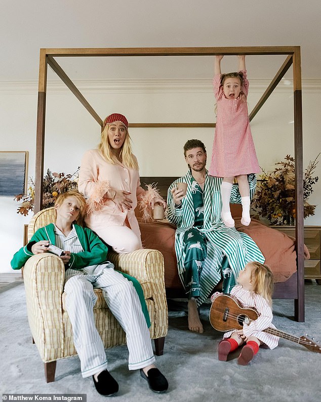 Hilary announced she was expecting her third child with musician Matthew (pictured) and her fourth child overall in December (far left is 12-year-old Luca, who she shares with ex Mike Comrie).