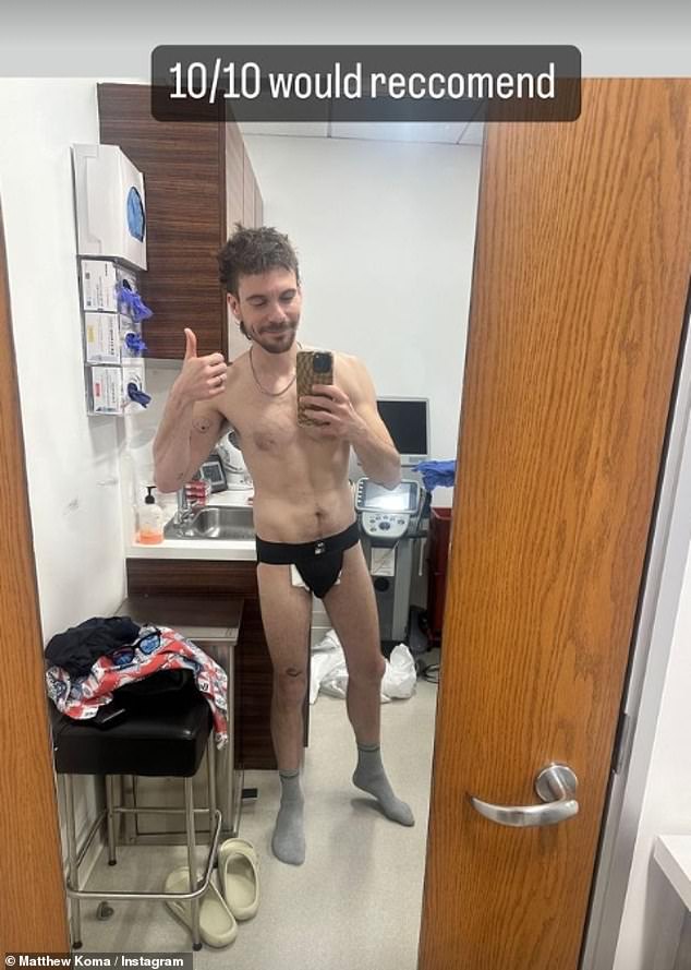 Matthew joked on the day of his vasectomy operation '10/10 would recommend (sic)' as he took a selfie in bandages and underwear.