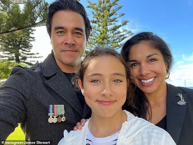 Stewart (left) shares his 11-year-old daughter Scout (center) with his ex-fiancée Jessica Marais, whom he met on the set of Packed to the Rafters in 2009. Pictured with Sarah Roberts (right).