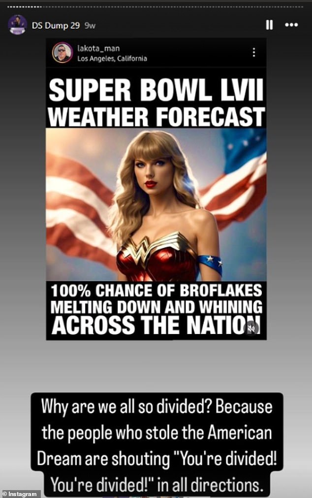 In one of his stories from late February, the Florida resident reposted an AI image of Swift dressed as Wonder Woman.