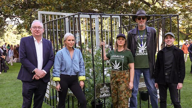 Victorian MP David Limbrick of the Libertarian Party, Georgie Purcell of the Animal Justice Party, Rachel Payne and David Ettershank of Legalize Cannabis Australia and Aiv Puglielli of the Greens attended Saturday's event.
