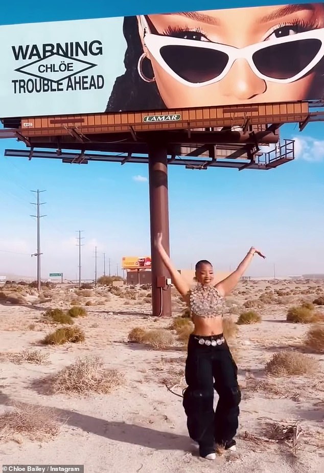 The MTV Europe Music Award winner stopped her car next to a billboard promoting her upcoming album Trouble in Paradise, which read 