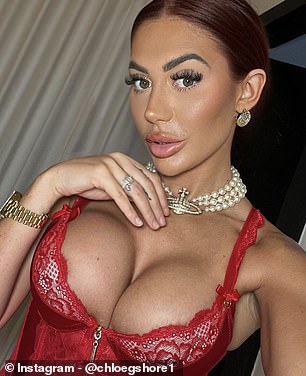 Chloe wears red lingerie in September 2023 with much larger breasts and fuller lips