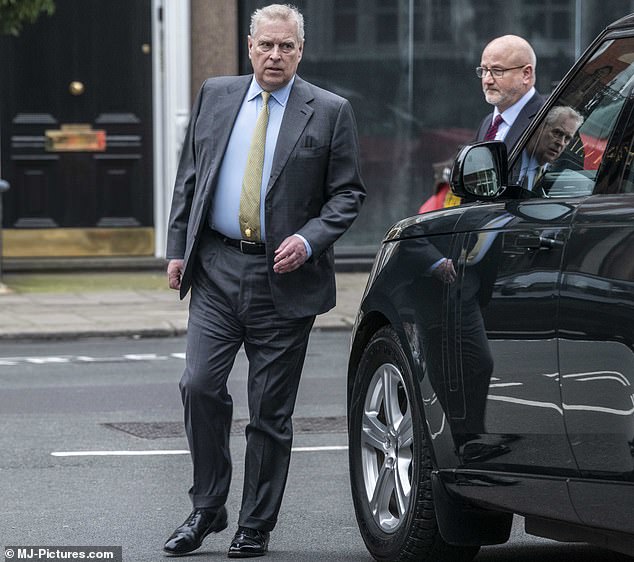 Prince Andrew is seen on a rare outing in London as he leaves Harry's Bar Members Club.  The Duke of York enjoys the £100,000 4X4 benefit for horse riding in Windsor and lunch at Harry's Bar, a glitzy private club in Mayfair.
