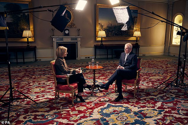 Prince Andrew during his 2019 Newsnight interview with Emily Maitlis.  Andrew was forced to step down from royal duties at the end of 2019 after his disastrous interview on Newsnight about his relationship with Jeffrey Epstein.