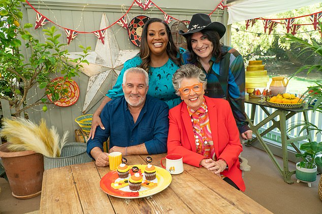 Prue Leith with judge Paul Hollywood and Bake Off hosts Alison Hammond and Noel Fielding