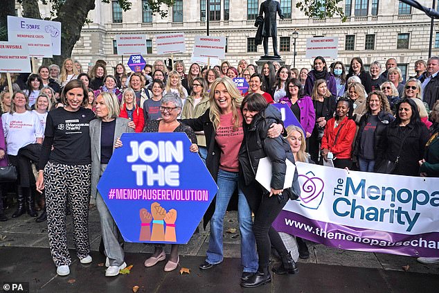 Dr Louise Newson, pictured alongside Mariella Frostrop, left, along with Carolyn Harris MP, Penny Lancaster and Davina McCall at a campaign march to raise awareness about the menopause.  She has faced criticism after allegedly prescribing patients with HRT at higher doses than those recommended by the NHS.