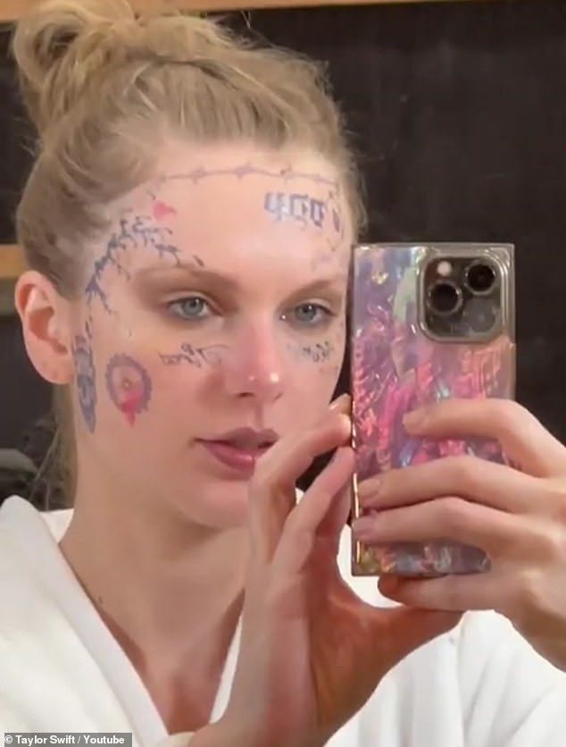 Swift sports an elaborate facial tattoo similar to that of American rapper Post Malone, with whom she duets on Fortnight.