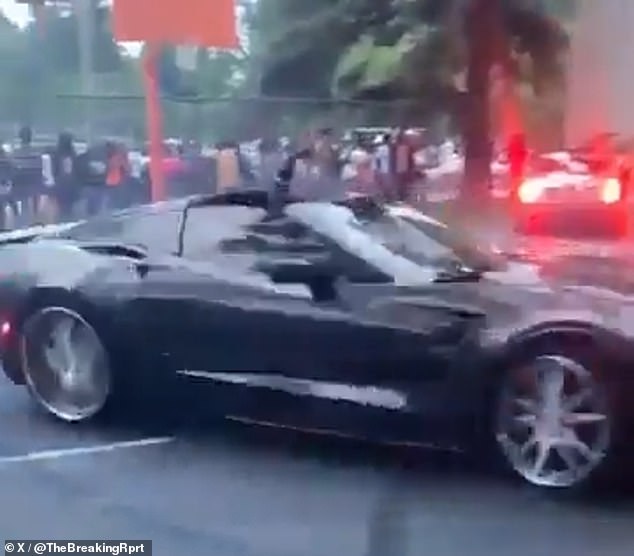 Videos of the party that have since emerged show a black Corvette doing donuts while a large crowd of people cheer.