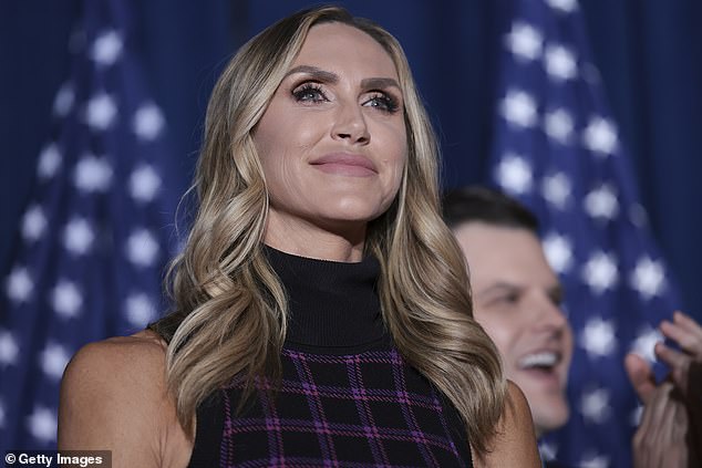 Lara Trump appears on stage as former President Donald Trump speaks during an election night viewing party at the State Fairgrounds on February 24, 2024 in Columbia, South Carolina.