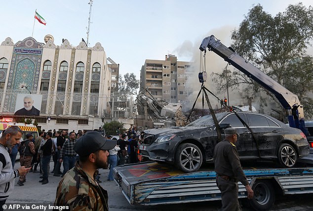 Damage caused by an airstrike that hit a building near the Iranian embassy in Damascus. The latest shadow war began on April 1 when an Israeli rocket destroyed Iran's consulate in Damascus, Syria, killing at least seven people, including senior military officials.