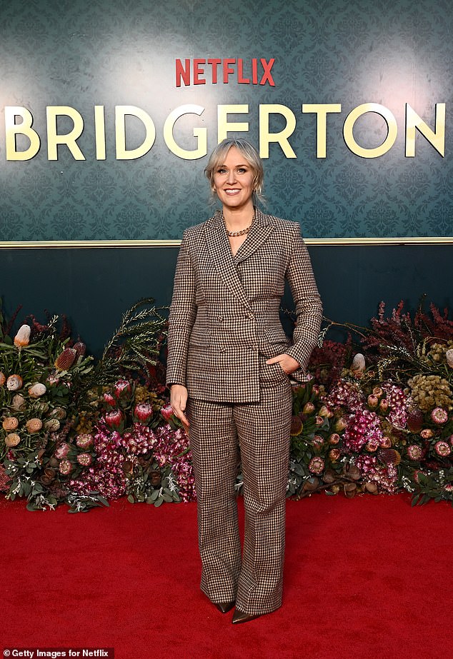 Also making a stylish appearance was Bridgerton producer Jess Brownel, who opted for a tan houndstooth suit and pointy brown heels.  In the photo