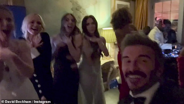 During the lavish festivities, all five Spice Girls reunited to sing one of their hits, Stop, for the star-studded guests, all of which was captured on David Beckham's camera.