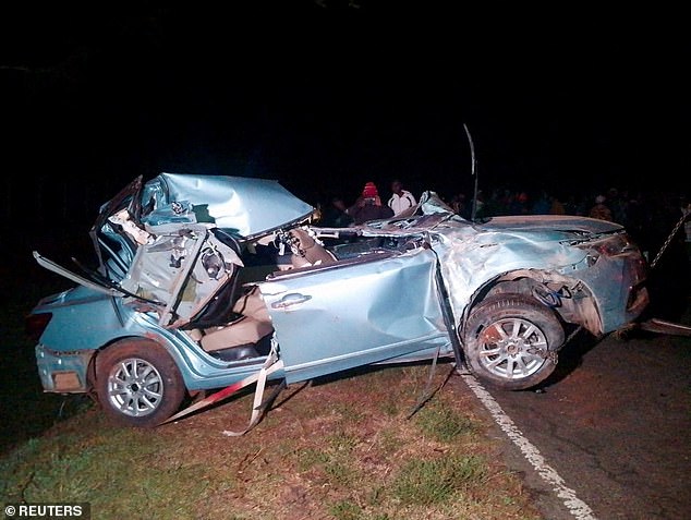 The remains of the car in which Kiptum and his coach were traveling after crashing into a large tree