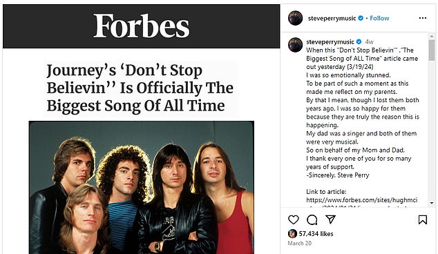 Last month he posted a screenshot of a Forbes headline that read: Journey's 'Don't Stop Believin' Is Officially the Greatest Song of All Time.'