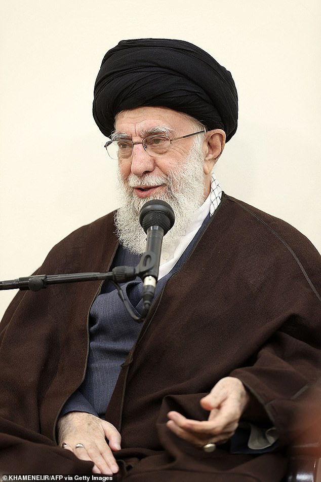 Khamenei (pictured) attempted to downplay the failure of the Islamic Revolutionary Guard Corps (IRGC) to hit important targets with its salvo of 300 drones and missiles.