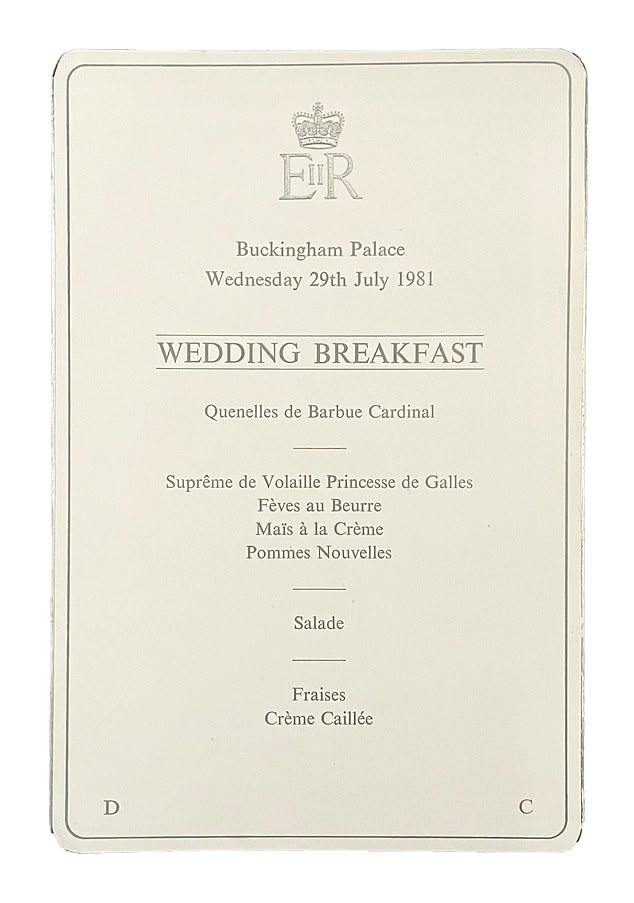 Buckingham Palace 1981: Guests at Charles and Diana's wedding feasted on egg-shaped poached brill mousses served in lobster sauce, followed by boneless chicken with crispy skin, buttered broad beans, creamed sweet corn, new potatoes and salad.  Dessert was strawberries and clotted cream.