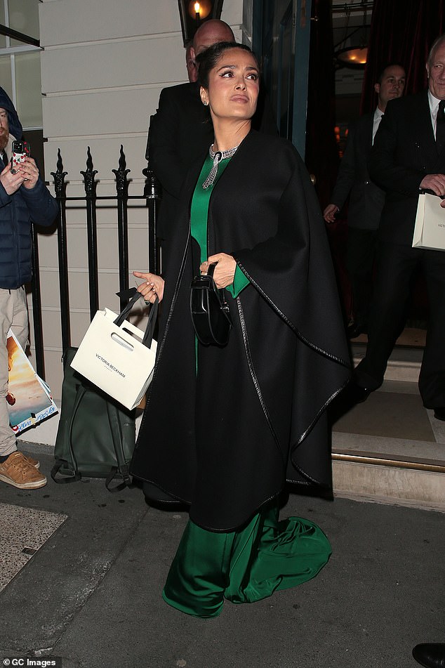 That night, a host of famous faces descended on the swanky venue, where they enjoyed dinner, fizz and cocktails, and danced into the early hours of the morning (Salma Hayek pictured).