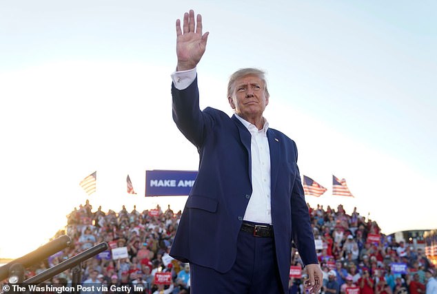 Former President Donald Trump waves to the crowd during a campaign rally at the Waco Regional Airport in Waco, Texas, on March 25, 2023.