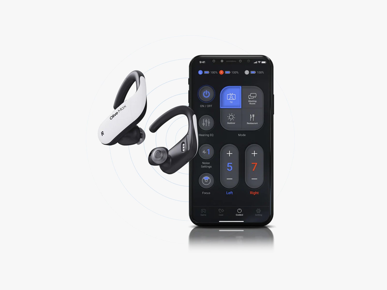 2 over-ear headphones floating next to a mobile device with a screen showing the headphone settings
