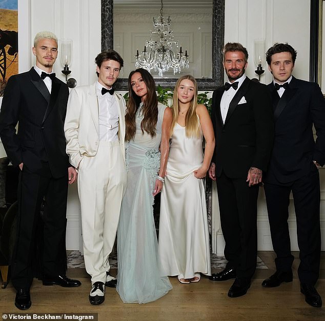 While Nicola was missing, her husband Brooklyn joined siblings Romeo, Cruz and Harper at the star-studded event on Saturday night (LR: Romeo, Cruz, Victoria, Harper, David and Brooklyn Beckham)