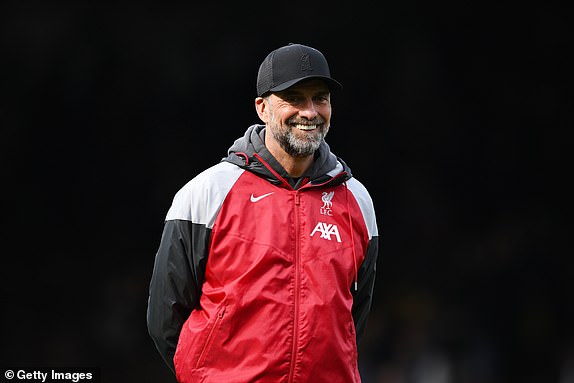 LONDON, ENGLAND – APRIL 21: Liverpool manager Jurgen Klopp reacts as his team warms up before the Premier League match between Fulham FC and Liverpool FC at Craven Cottage on April 21, 2024 in London, England.  (Photo by Justin Setterfield/Getty Images)