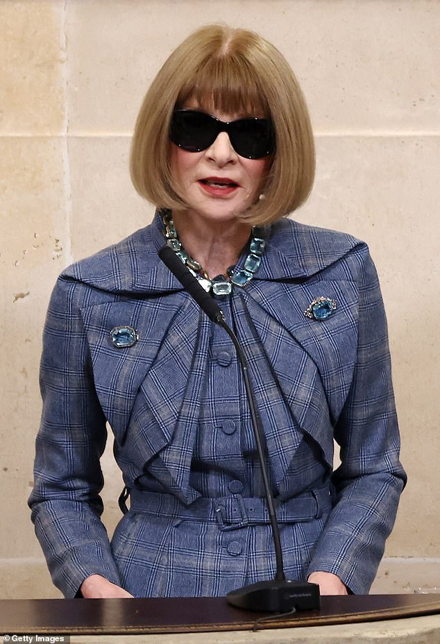 Anna Wintour speaks during a ceremony on March 20, 2024 in Paris