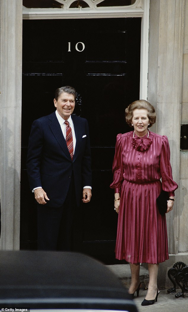 British Prime Minister Margaret Thatcher with US President Ronald Reagan (1911 - 2004) on the steps of 10 Downing Street, following the official start of the G7 Economic Summit in London, 1984