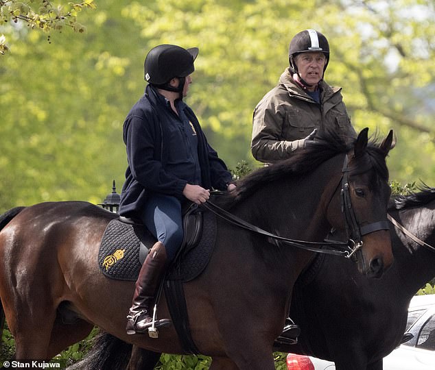 The Duke of York, 64, was in deep conversation with his riding partner as he rode around the Berkshire estate, enjoying the early spring sunshine.