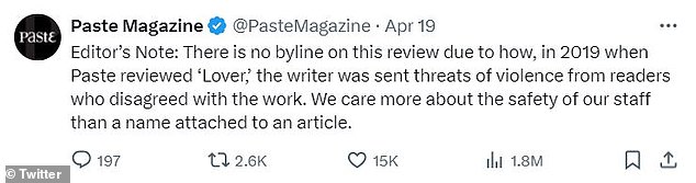 The magazine cited safety concerns as the reason for not revealing the reviewer's name, explaining that some Swifties had threatened violence following a poor 2019 review of Lover.
