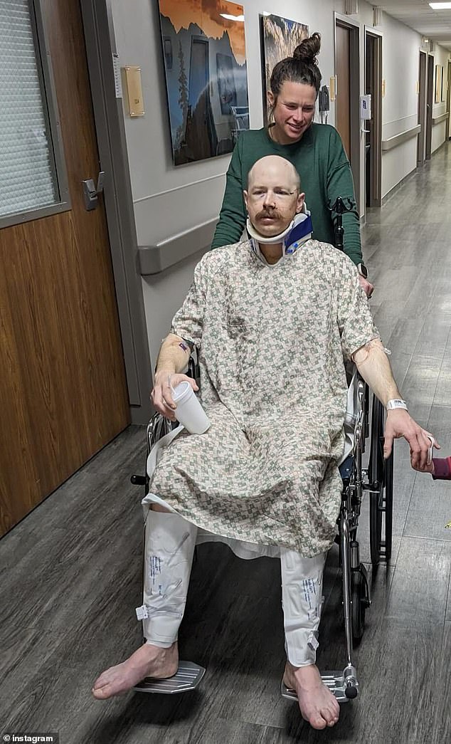 Pictured: Halverson after his accident at the hospital.