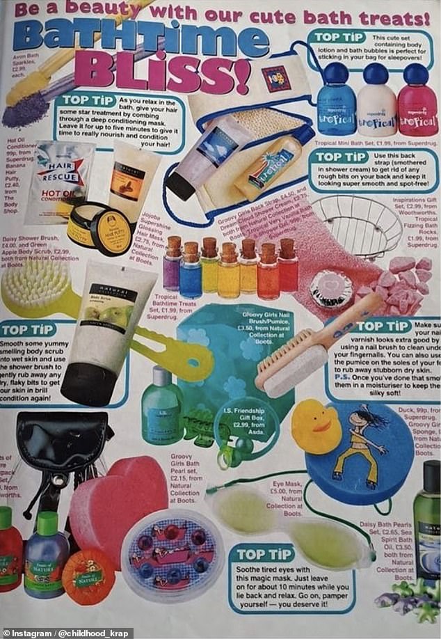 In the land of '90s magazines, a bath was a real occasion, as this full-page article shows. Not to mention as colorful as possible.