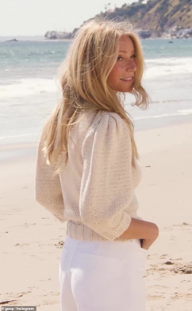 Pieces from the collection also included a chic cream-colored chunky knit sweater, which Gwyneth wore with white pants.