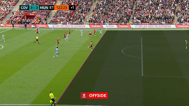 Coventry's extra-time goal against Manchester United in Sunday's FA Cup semi-final was ruled marginally offside by VAR (pictured: the VAR decision system replaying the incident)