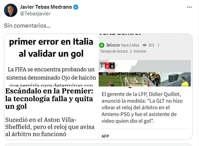 In a series of photographs, Tebas shared incidents where goal-line technology had failed.