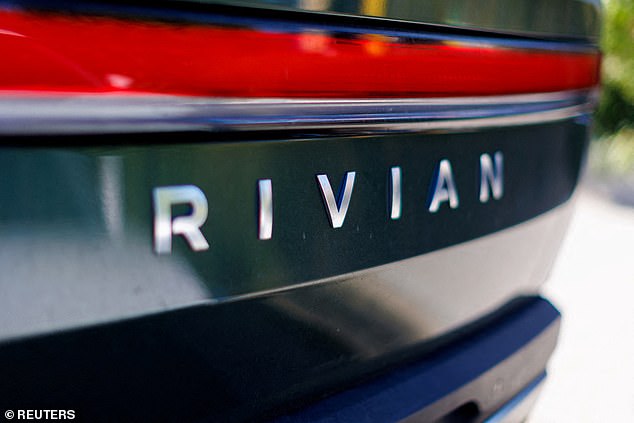 An electric pickup truck is pictured at the Rivian Automotive facility in Costa Mesa, California.