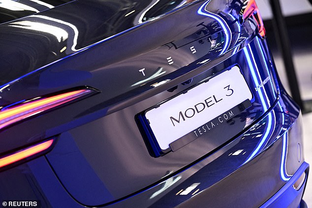 The Tesla Model 3 is displayed during an event a day before the official opening of the 2023 IAA Mobility Munich Motor Show.